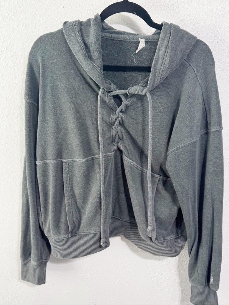Fp Movement By Free People Washed Gray Lace-Up Hooded Pullover Xs